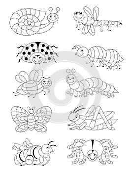 Black and white page for baby coloring book. Set of different cute insects. Printable template for kids.