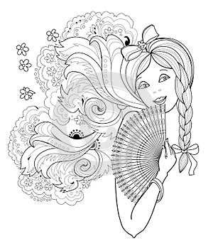 Black and white page for coloring book. Fantasy drawing of beautiful girl with fan. Portrait of woman with fashionable hairstyle.
