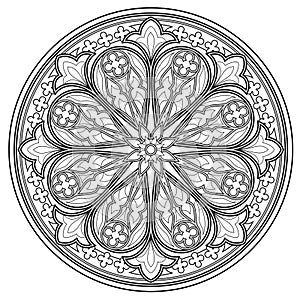 Black and white page for coloring book. Fantasy drawing of beautiful Gothic rose window with stained glass.