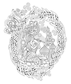 Black and white page for coloring book. Fantasy fairy playing the flute. Ancient legend illustration. Celtic knot decoration.