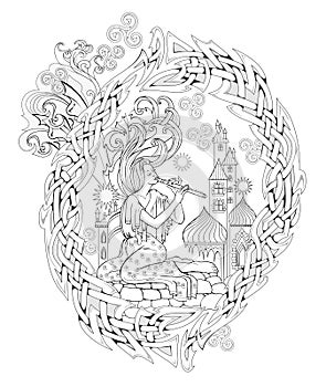 Black and white page for coloring book. Fantasy fairy playing the flute. Ancient legend illustration. Celtic knot decoration. photo