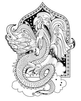 Black and white page coloring book. Fantasy illustration of fairyland medieval dragon. Print for fabric and tattoo. Worksheet for