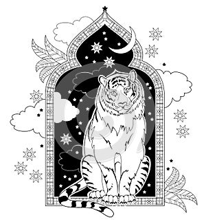 Black and white page coloring book. Fantasy illustration of fairyland tiger from ancient eastern legend.