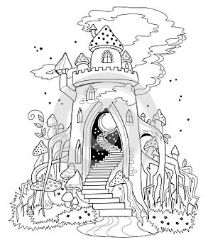 Black and white page for coloring book. Illustration of fairyland kingdom in forest. Printable template for kids. Worksheet for