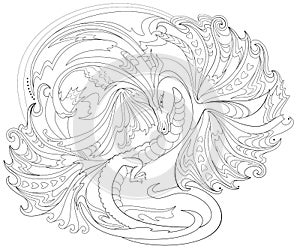 Black and white page for coloring. Fantasy drawing of Celtic dragon. Worksheet for children and adults.