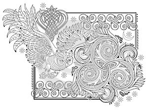 Black and white page for kids coloring book. Fantasy illustration of ancient Celtic ornament with trickle symbol and flying owl.