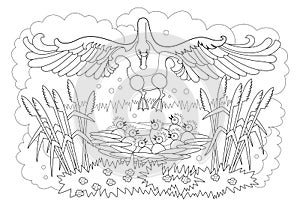 Black and white page for kids coloring book. Illustration of flying swan and nest with babies. Worksheet for children and adults.