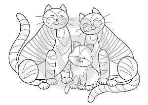 Black and white page for kids coloring book. Illustration of happy cats family. Worksheet for little children. Developing skills.