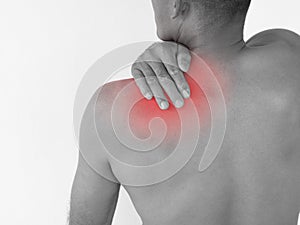 Black and White Pain in the neck. Man with backache. Isolated on