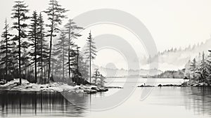 Hyperrealistic Black And White Drawing Of Pine Trees By The Lake
