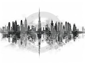 Black and white painting of Dubai skyline with Burj Khalifa, United Arab Emirates