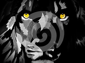 Black and white painting of lions face
