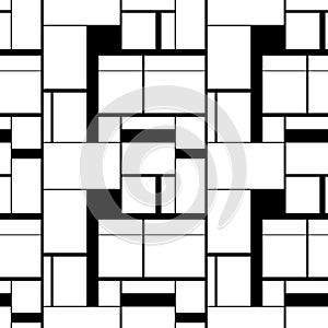 Black and white painting in Piet Mondrian`s style, seamless pattern