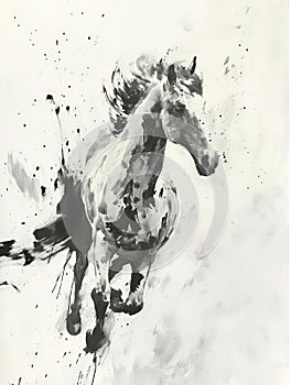 a black and white painting of a running horse in dust