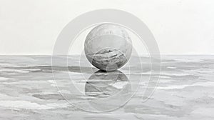 A black and white painting of a sphere on a reflective surface.