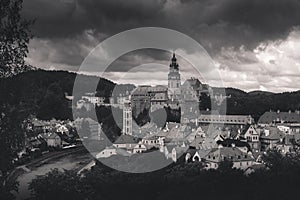 Black and white panorama of Cesky Krumlov. Czech Republic