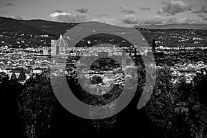 Black and White Panorama of Florence with shadow of cloud, Santa Maria del Fiore cathedral Duomo, Palazzo Vecchio town hall, San