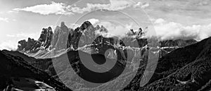 Black and white panorama of Geisler Odle Dolomites Group