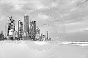 Black and white panorama of the Gold Coast skyline and Surfers Paradise Beach, Queensland, Australia.