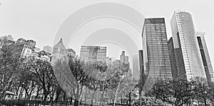 Black and white panorama of the Lower Manhattan