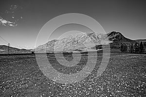 Black and white panorama of Piatra Secuiului Szekelyko Mountain in the Romanian Carpathians