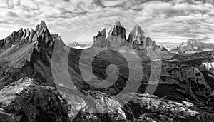 Black and white panorama of Tre Cime and Monte Paterno