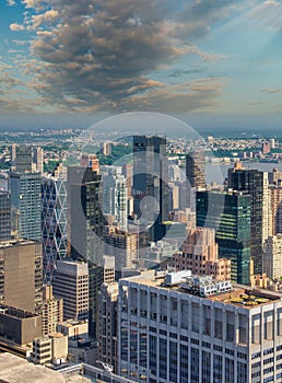 Black and white panoramic aerial view of New York City skyline. Manhattan skyscrapers from rooftop