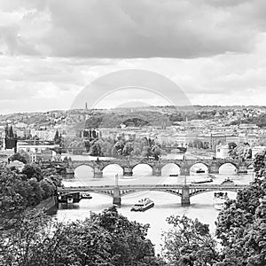 Black&White Panoramic view of bridges in Prague