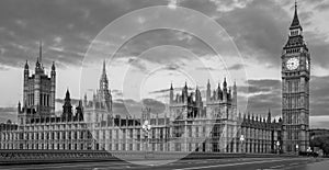 Black and White panoramic view of the Houses of Parliament, Palace of Westminster and Westminster Bridge.