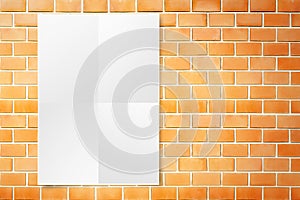 Black White paper poster hanging at grunge orange brick wall,Template mock up for adding your design