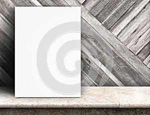 Black White paper poster lean at tropical wood wall and marble t