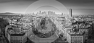 Black and white Paris cityscape panorama with view to La Defense metropolitan district, France. Champs-Elysee avenue, beautiful