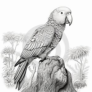 Black And White Parrot Illustration In The Style Of David Nordahl