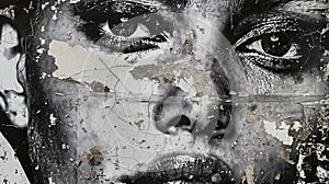 A black and white pasteup of a face with distorted features challenging traditional beauty norms and highlighting the