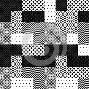 Black and white patchwork quilted geometric seamless pattern, vector