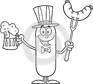 Black And White Patriotic Sausage Cartoon Character Holding A Beer And Weenie On A Fork