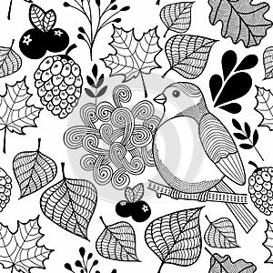 Black and white pattern bird on the branch and autumn leaves.