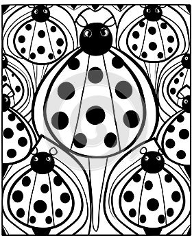 Black and white pattern with ladybugs. Vector illustration for coloring book