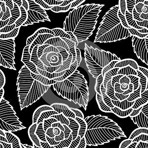 Black and white pattern in roses and leaves lace.