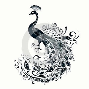 Black And White Peacock With Floral And Decorative Patterns In Flowing Silhouettes