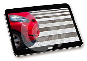 Black and white pedestrian crossing with red car on background - Concept image with 3D render of a digital tablet - The car`s