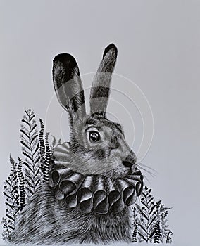 Black and white pen drawing, cute rabit in renaissance clothes.