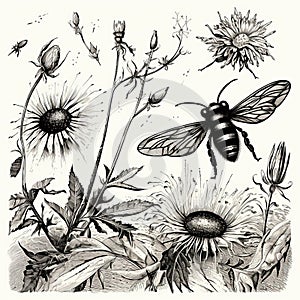 Hyper-realistic Hand Drawn Bee And Wild Flowers Illustration photo