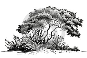 Black and white pencil drawing of a bush