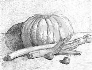 Black and white pencil drawing of pumpkin and Ð´ÑƒÑƒÐ»