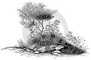 Black and white pencil drawing of a tree in the bush
