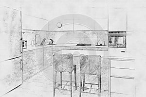 Black and white pencil scetch digital art of modern new kitchen in a luxurious apartment
