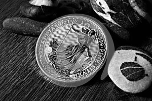 Black and white photo. 2 Pounds Britania 1 oz Fine silver coin 2021.