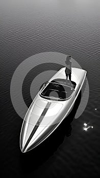 Black and white photo of amazing speed boat on the sea ocean landscape view with beautiful back view of model lady. generative ai