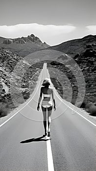 Black and white photo of amazing winding long road desert landscape view with beautiful back view of model lady. generative ai
